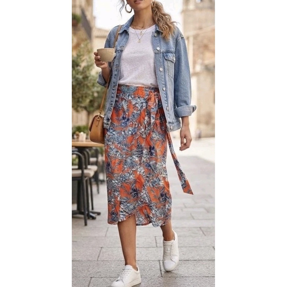 CAbi Calypso Wrap Maxi Tie Front Paradise Floral Orange Double Skirt Sz M